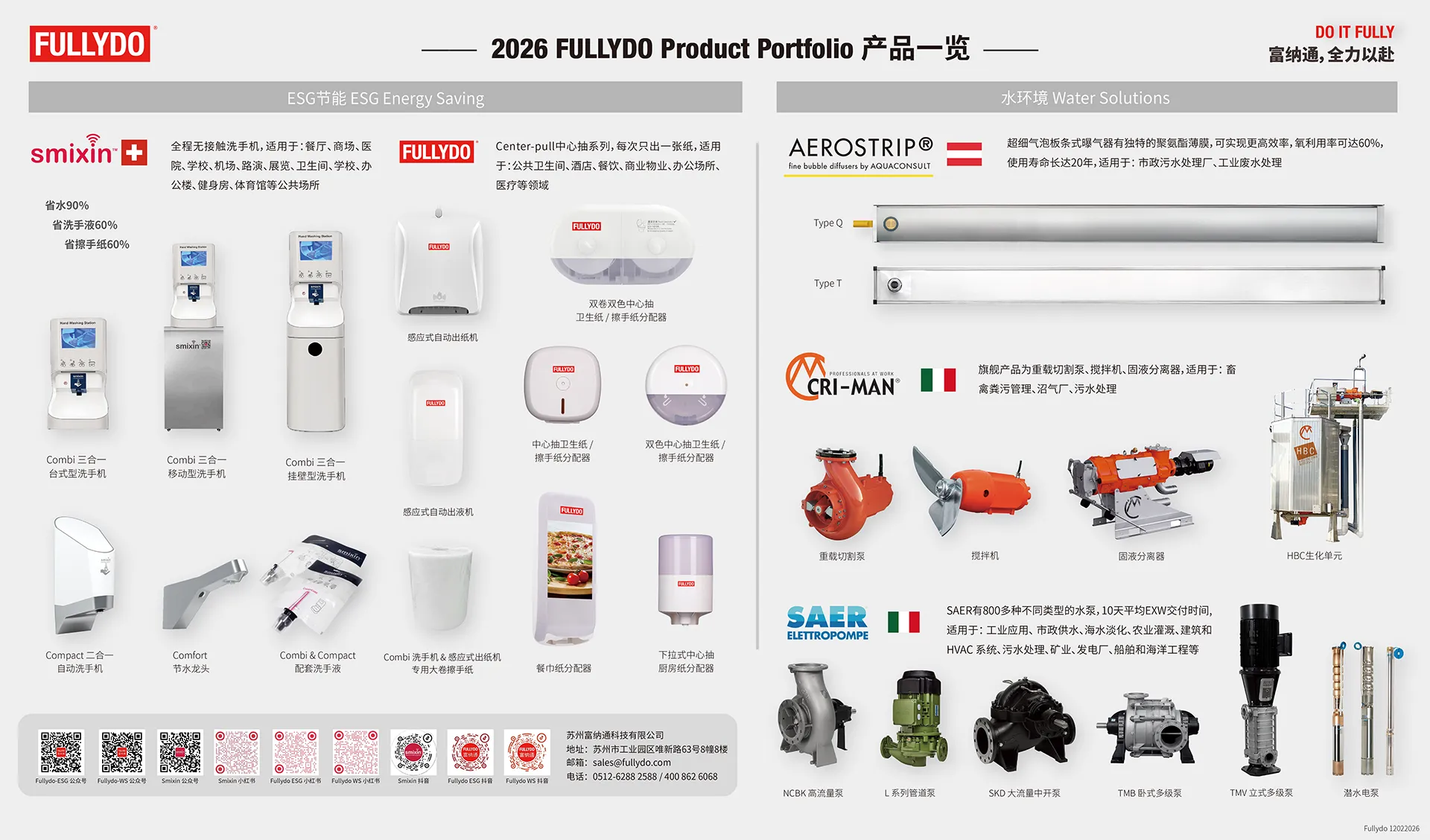 富纳通产品组合 - ESG节能解决方案包括Smixin洗手机系统、Gjosa节水花洒、Joulia热回收淋浴装置，水环境解决方案包括SAER水泵、Aerostrip超细气泡曝气器及CRI-MAN污水处理设备